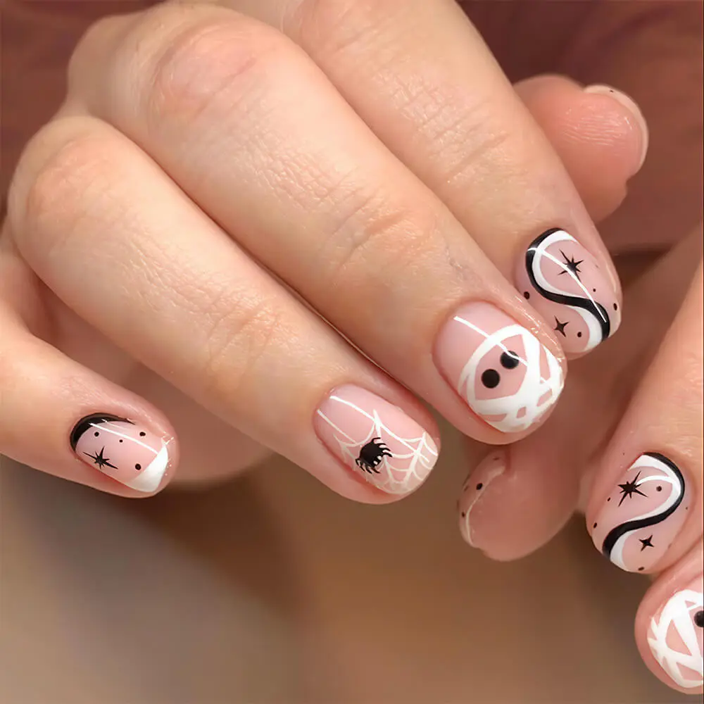 Nailhour 24Pcs Halloween Short Square Mummy Wrap Stripes Press On Nails