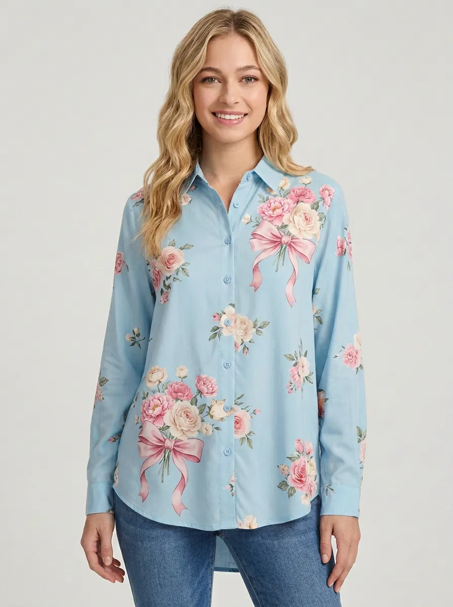 Women's Breast Cancer Awareness Pink Rose Bow Printed Button-Down Shirt