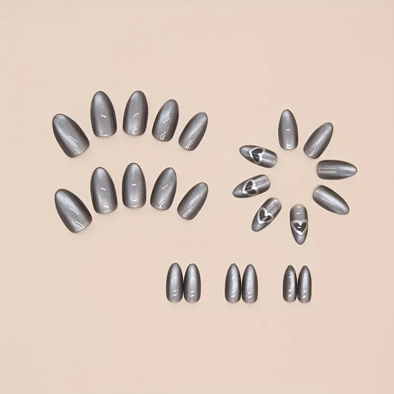 Nailhour 24Pcs Minimalist French Grey Love Cat Eye Short Almond Press On Nails