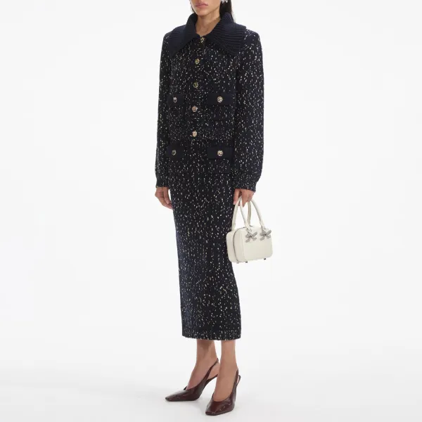Navy Metallic Merino Knit Midi Skirt