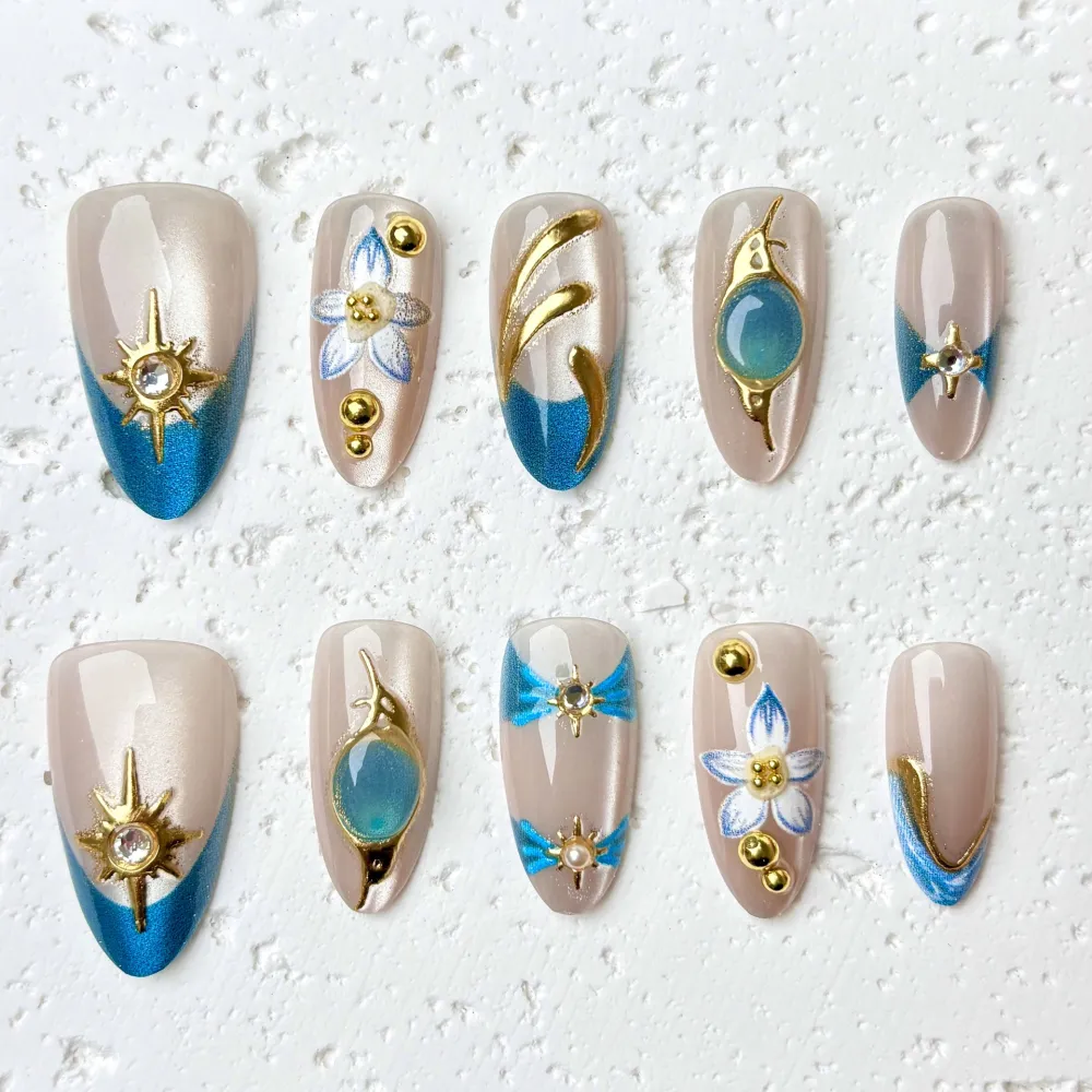 Nailhour 30Pcs Gilded Rhinestone Handmade Summer 3D Blue Floral Press On Nails