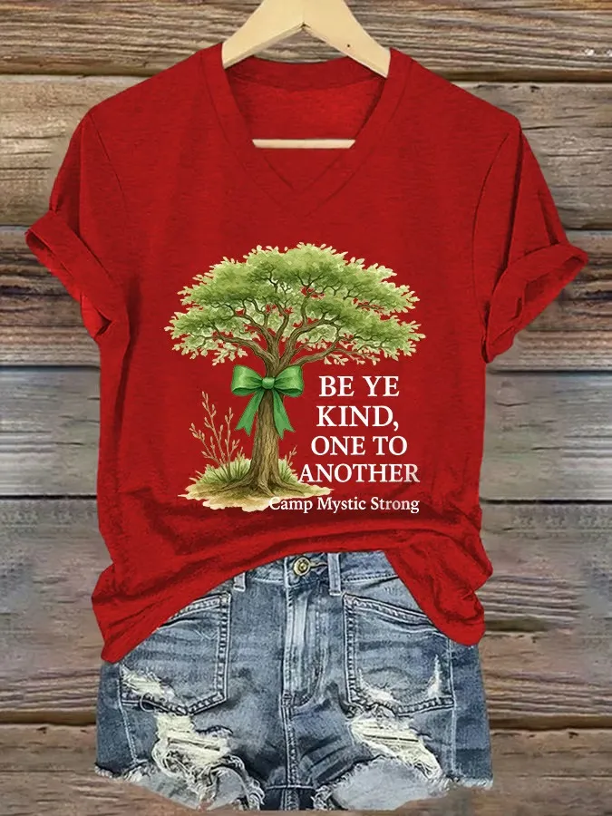 V-Neck Retro Texas Strong Green Bow Cross Print T-Shirt