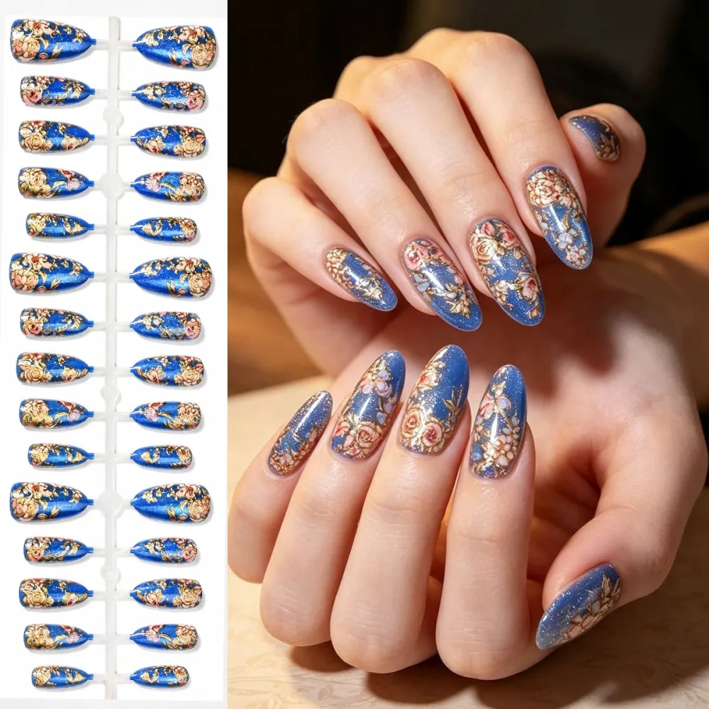 Nailhour 30Pcs Blue Cat Eye Medium Almond French Press On Nails