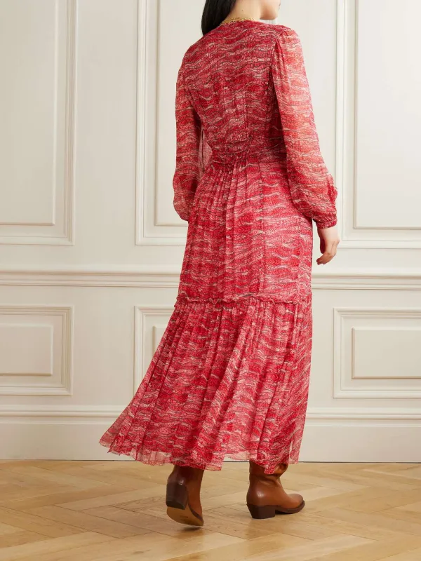 Printed V-Neck Long Sleeve Dress