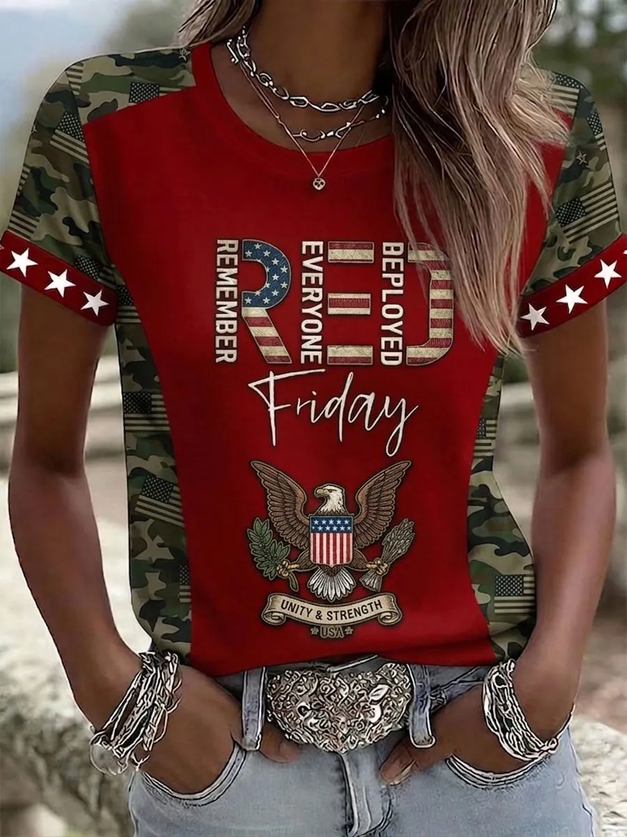 Women'S Red Friday Poppy Print Casual Crew Neck Short Sleeve T-Shirt