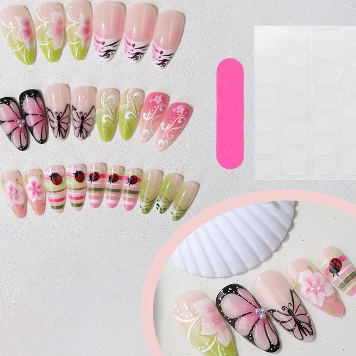 Nailhour 24Pcs French Medium Almond Garden Dawn Press On Nails