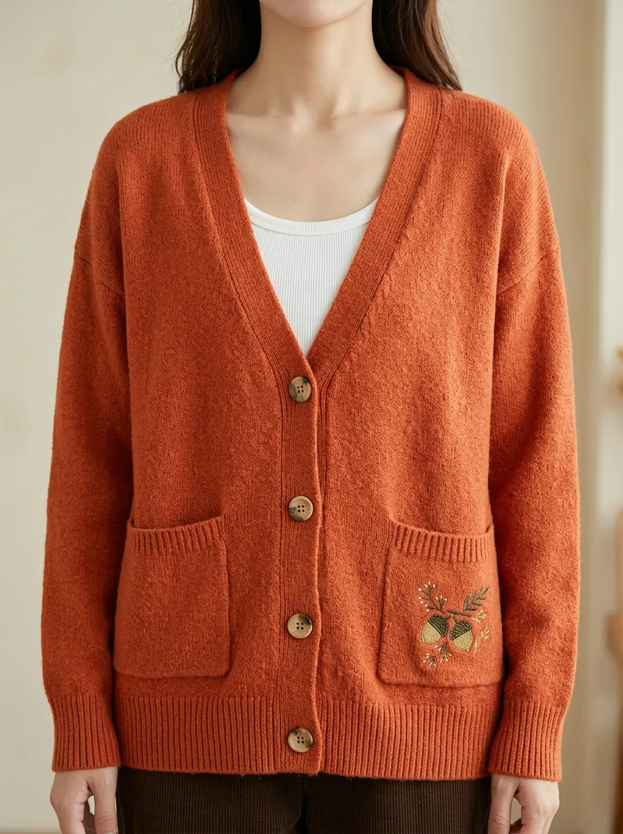 Acorn  Rust Embroidered Women's Knit Cardigan