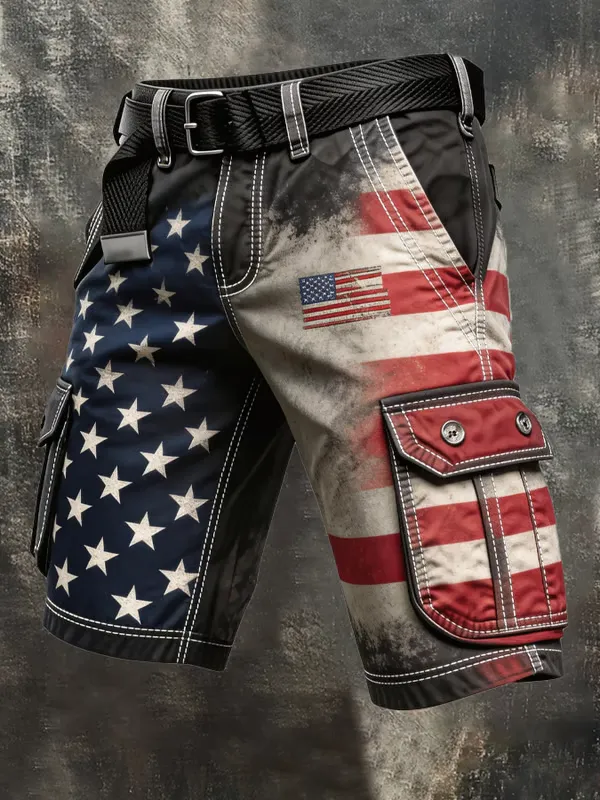 Men's Retro Vacation Business Art American th Print Casual Shorts