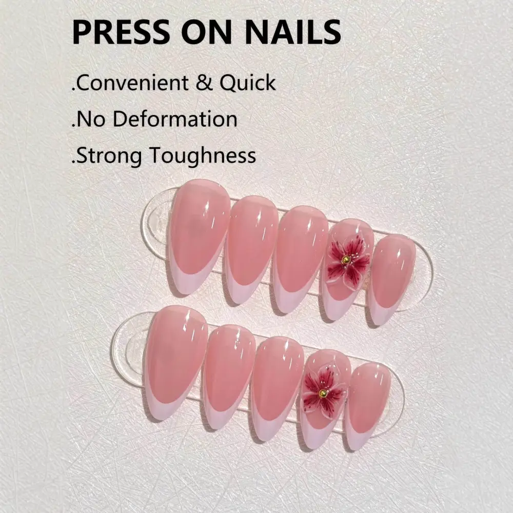 Nailhour 24Pcs French Long Almond 3D Floral Press On Nails