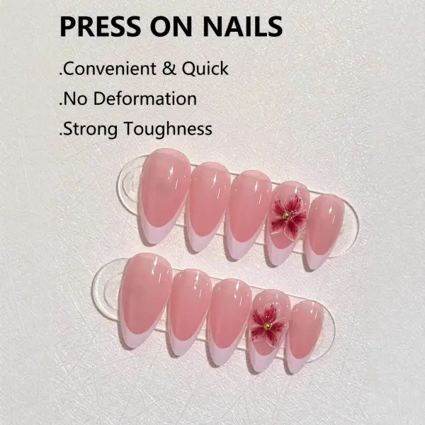 Nailhour 24Pcs French Long Almond 3D Floral Press On Nails