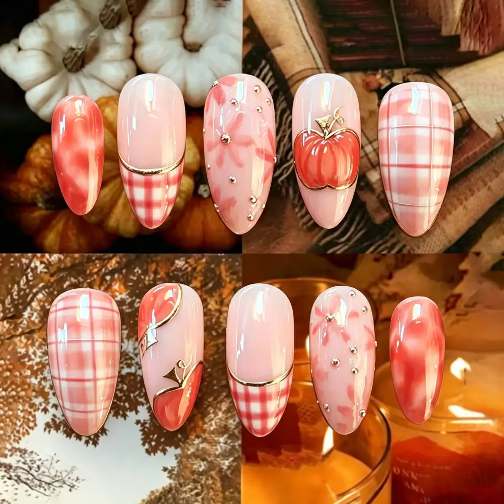 Nailhour 30Pcs Pink 3D Gilded Medium Almond Press On Nails