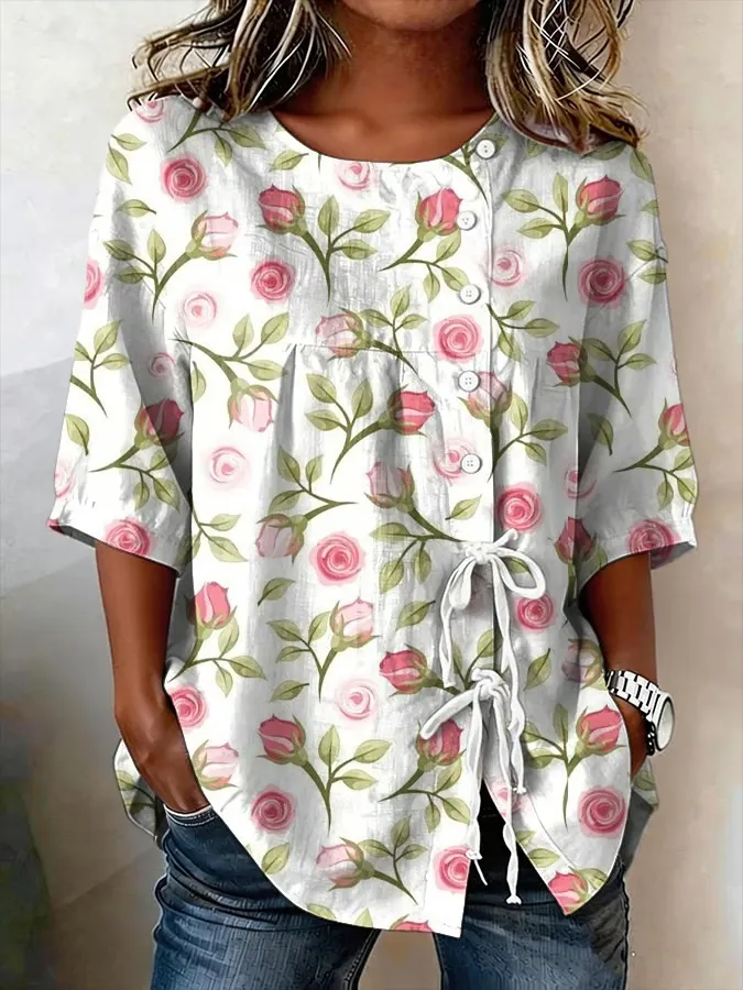 Women's Retro Floral Button Lace Up Tie Shirt