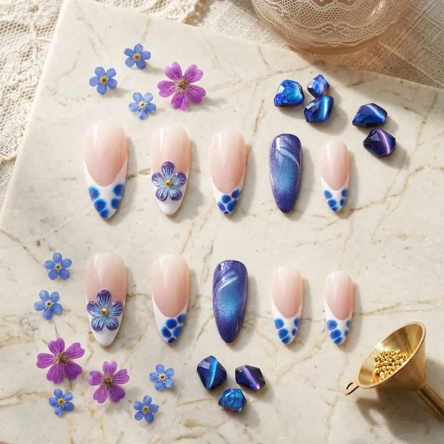 Nailhour 24Pcs Blue Cat Eye Medium Almond Press On Nails