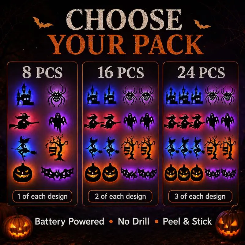 Halloween LED Silhouette Wall Light Stickers- Battery Powered Peel & Stick Spooky Decor