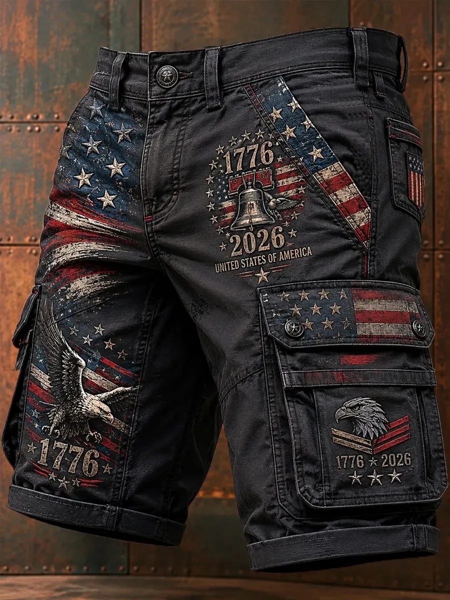 Men'S Casual American 250Th Anniversary Flag Printed Workwear Pocket Shorts