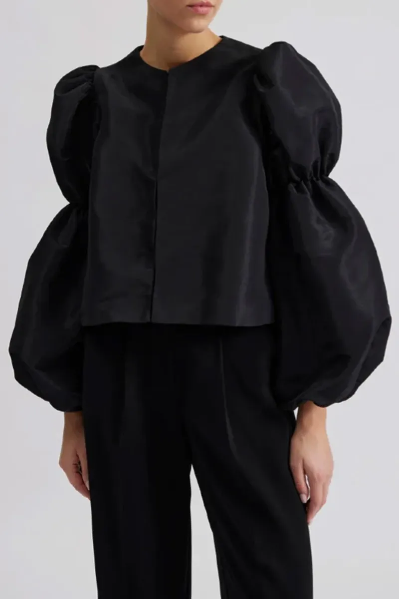 Puff Sleeve Crew Neck Black Blouses