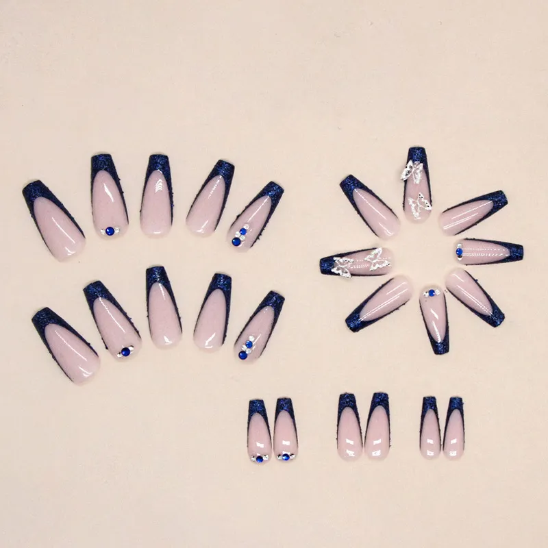 Nailhour Coffin French Blue Sparkling Butterfly 24Pcs Party Press On Nails