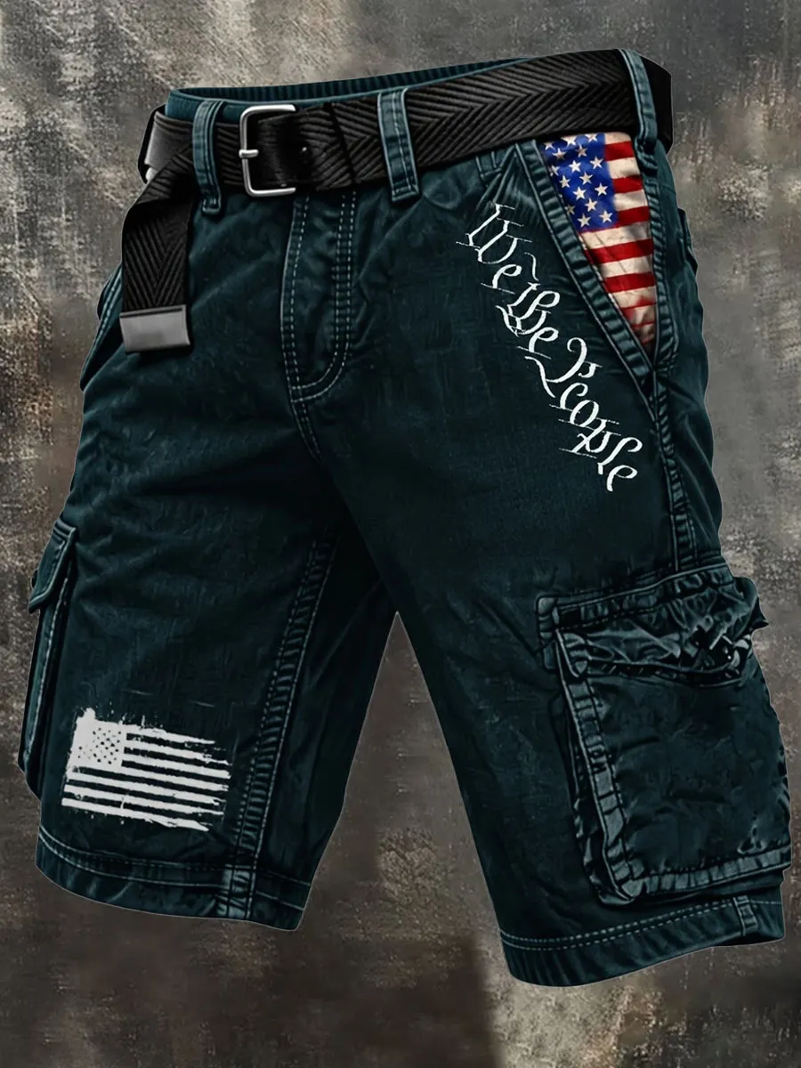 Patriot Retro Outdoor Functional Washed Distressed Denim Shorts