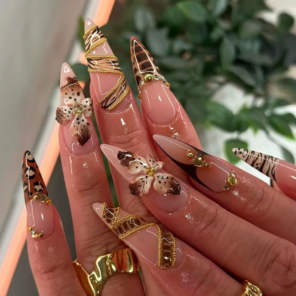 Nailhour 24Pcs Leopard Floral Stiletto Vintage French Press On Nails