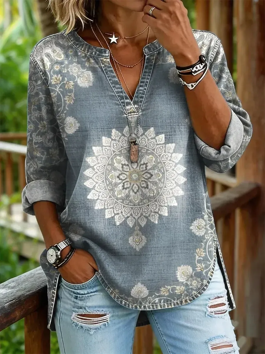 Vintage Floral Print Women's V-Neck Shirt