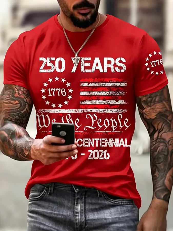 Men'S Casual 250Th Anniversary Celebration Of The Founding Of The United States, Personalized Printed Round Neck T-Shirt