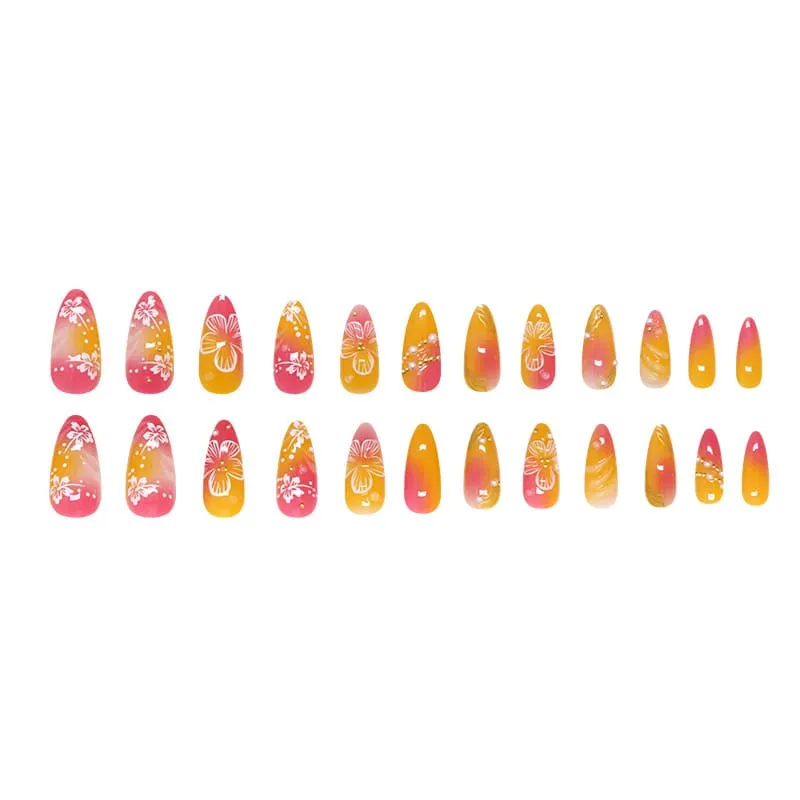 Nailhour 24Pcs Floral 3D Medium Almond French Gilded Press On Nails