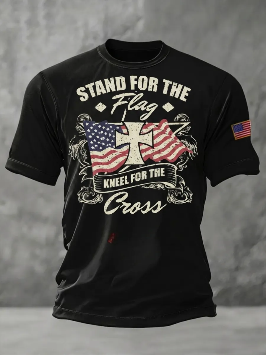 Men's America's 250th Anniversary Stand For The Flag Kneel For The Cross Faith Christian Cross Print T-Shirt