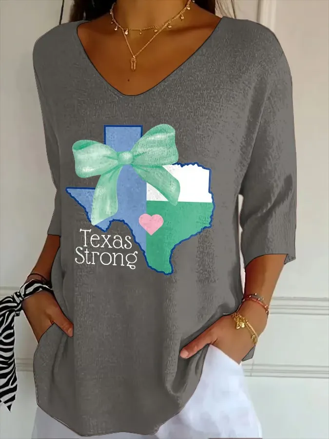 V- Neck Retro Texas Strong Green Bow Print Top