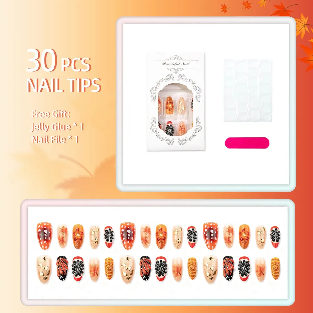 Nailhour 30Pcs Carved Gilded Medium Almond French Press On Nails