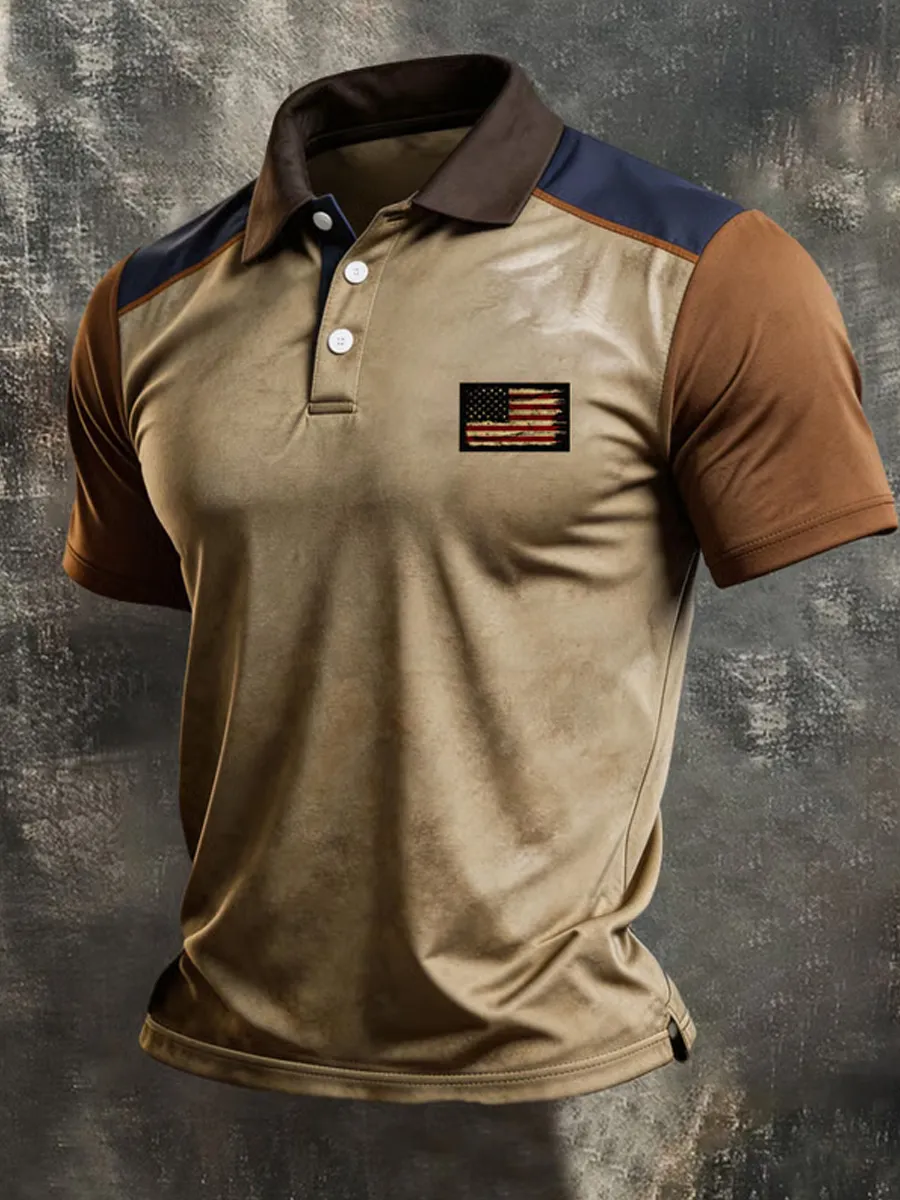 Men's Retro Patriot Color Block Polo Collar Short Sleeve