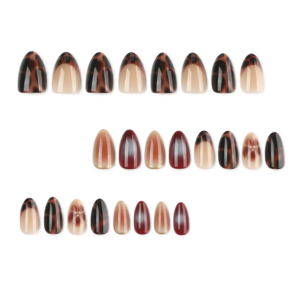 Nailhour 24Pcs Tortoiseshell Autumn/Winter Color Medium Almond French Press On Nails
