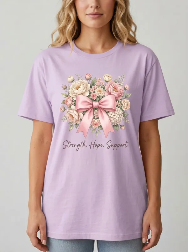 Women's Breast Cancer Awareness Floral Bow Printed T-shirt
