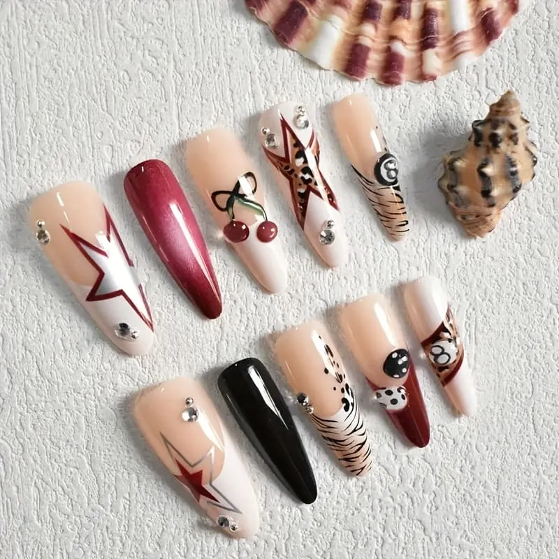 Nailhour 10Pcs 3D Handmade Daily Long Almond Press On Nails