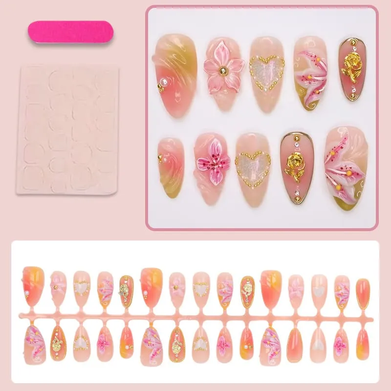 Nailhour 30Pcs Blending 3D Gilded Medium Almond French Press On Nails