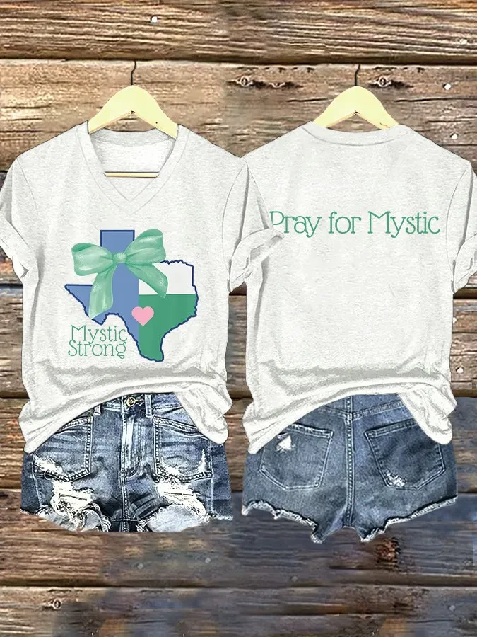 V Neck Retro Texas Strong Green Bow Mystic Strong Pray For Mystic Print T-Shirt
