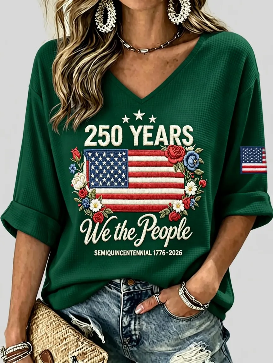 Women'S Retro Casual American Independence Day 250Th Anniversary Celebration Printed V-Neck Top