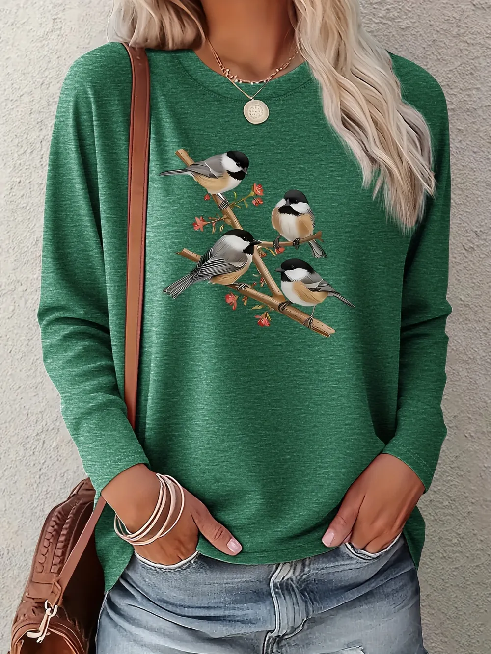Small Birds On Branches Print Long Sleeve T-shirt