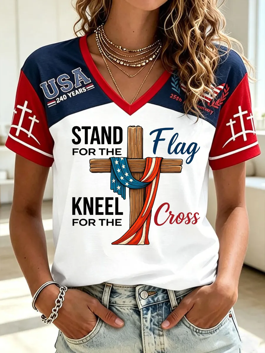 Women's America's 250th Anniversary Stand For The Flag Kneel For The Cross Faith Christian Cross Print T-Shirt