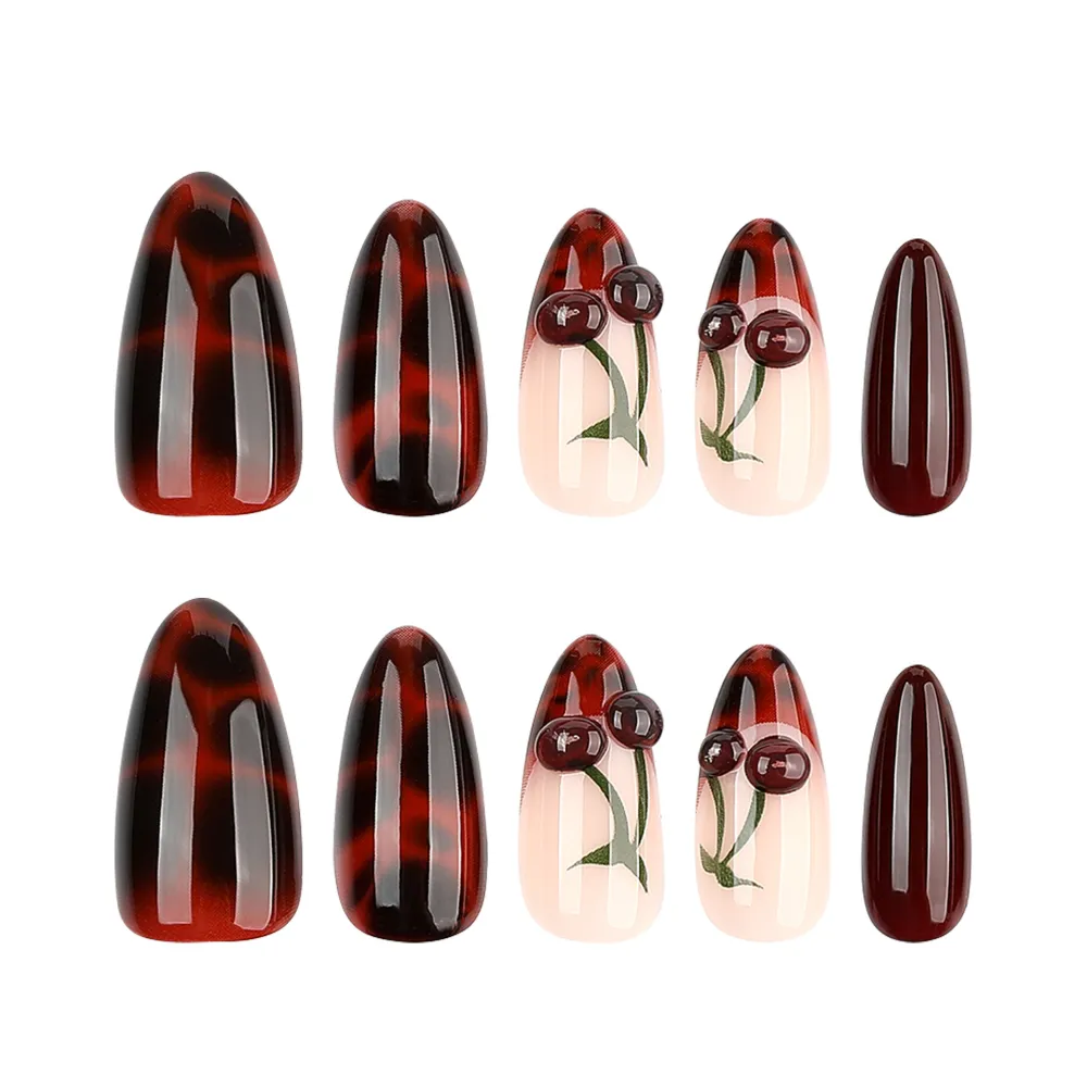 Nailhour 24Pcs Red 3D Vintage Medium Almond Press On Nails
