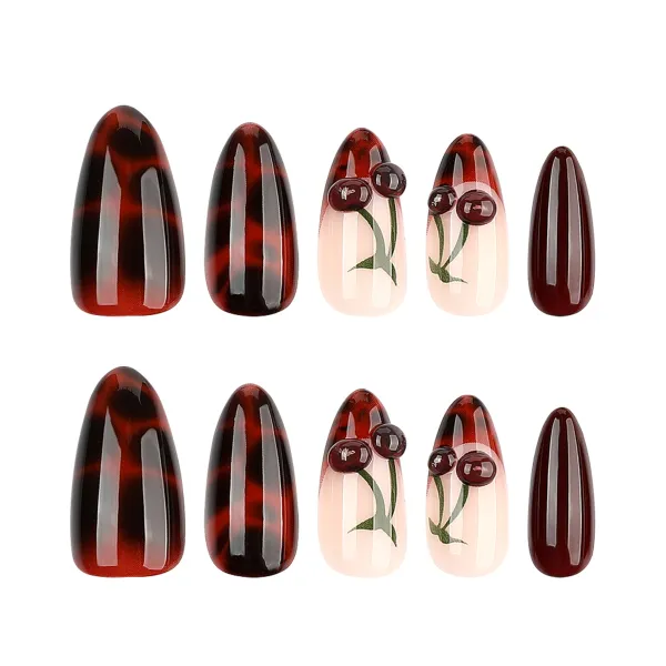 Nailhour 24Pcs Red 3D Vintage Medium Almond Press On Nails