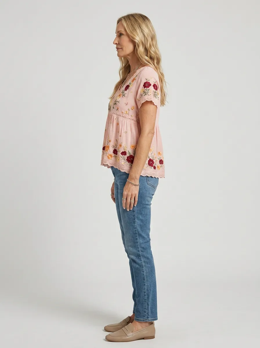 Women's Floral Boho Rose Butterfly Embroidered Printed T-shirt
