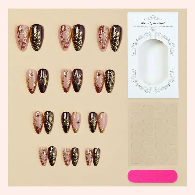 Nailhour 24Pcs Gilded Floral Red Medium Almond Press On Nails