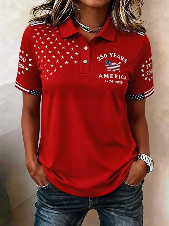 Women'S Casual American Independence Day Printed Polo Shirt Short Sleeved