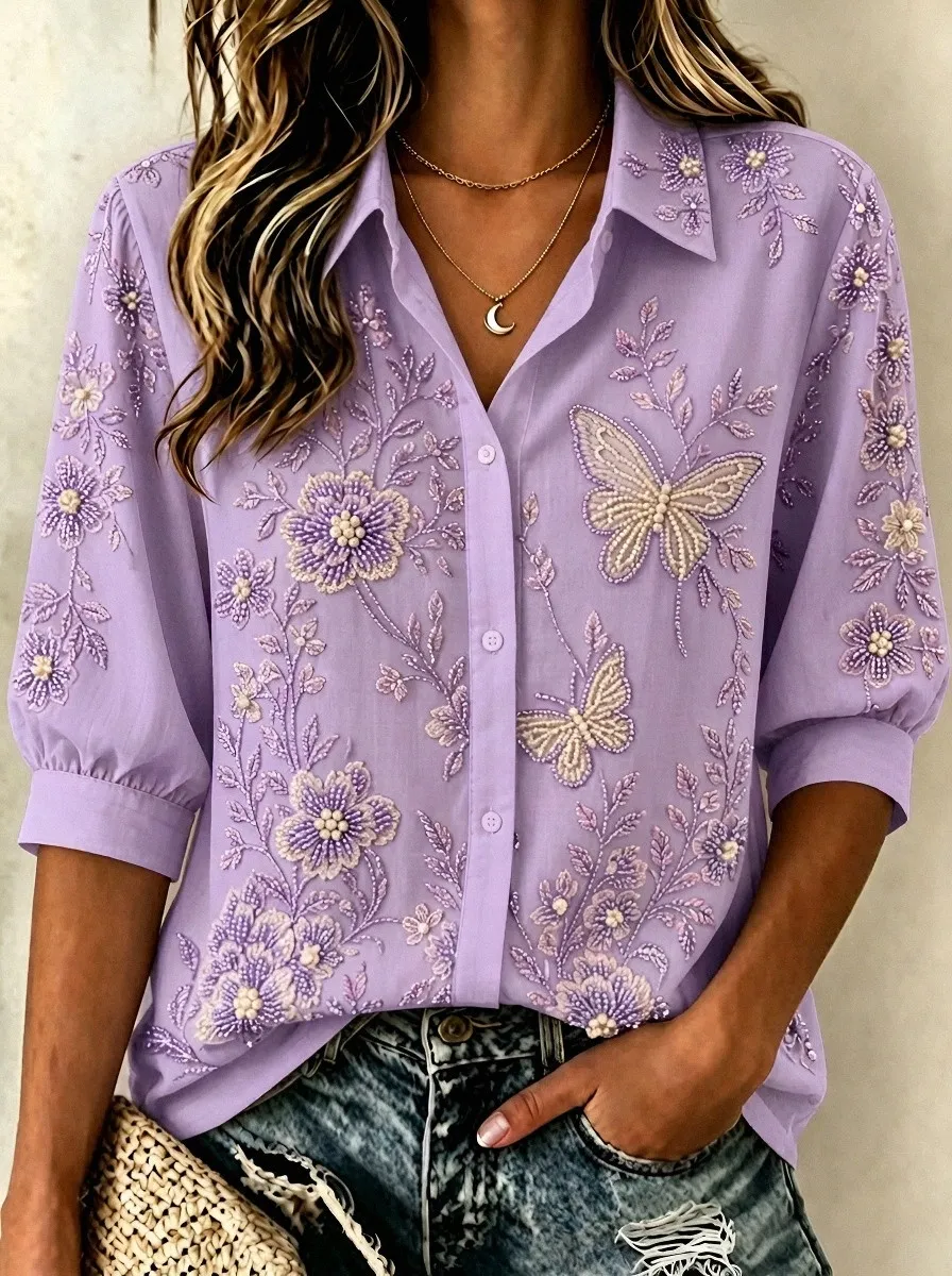 Women's Breast Cancer Awareness Butterfly Floral Beaded Printed Shirt