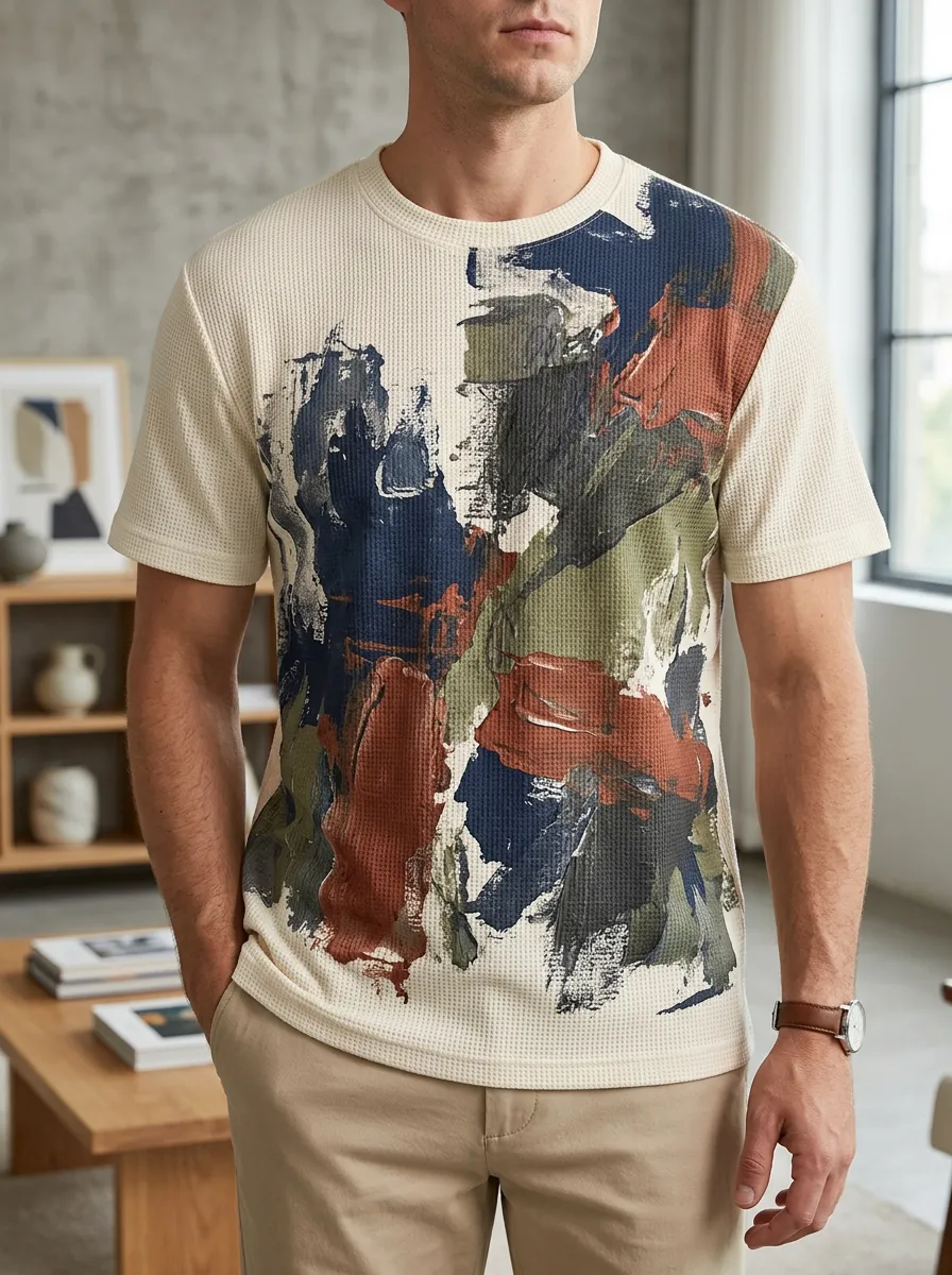 Men's Abstract Art Pattern Waffle Knit Crew Neck T-Shirt