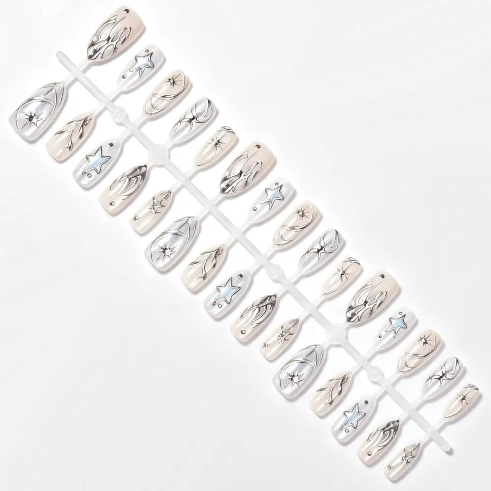 Nailhour 30Pcs Floral 3D Medium Almond French Press On Nails