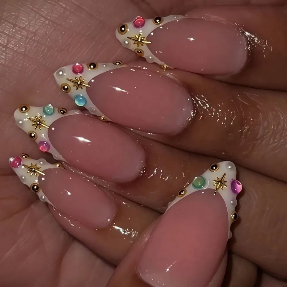 Nailhour Nude 24pcs White French Stiletto Medium False Nails