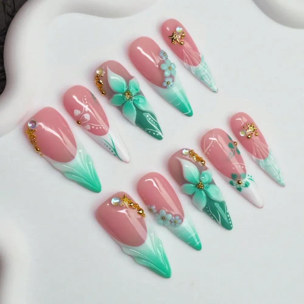 Nailhour 10Pcs Green 3D Gilded Handmade Long Almond Press On Nails