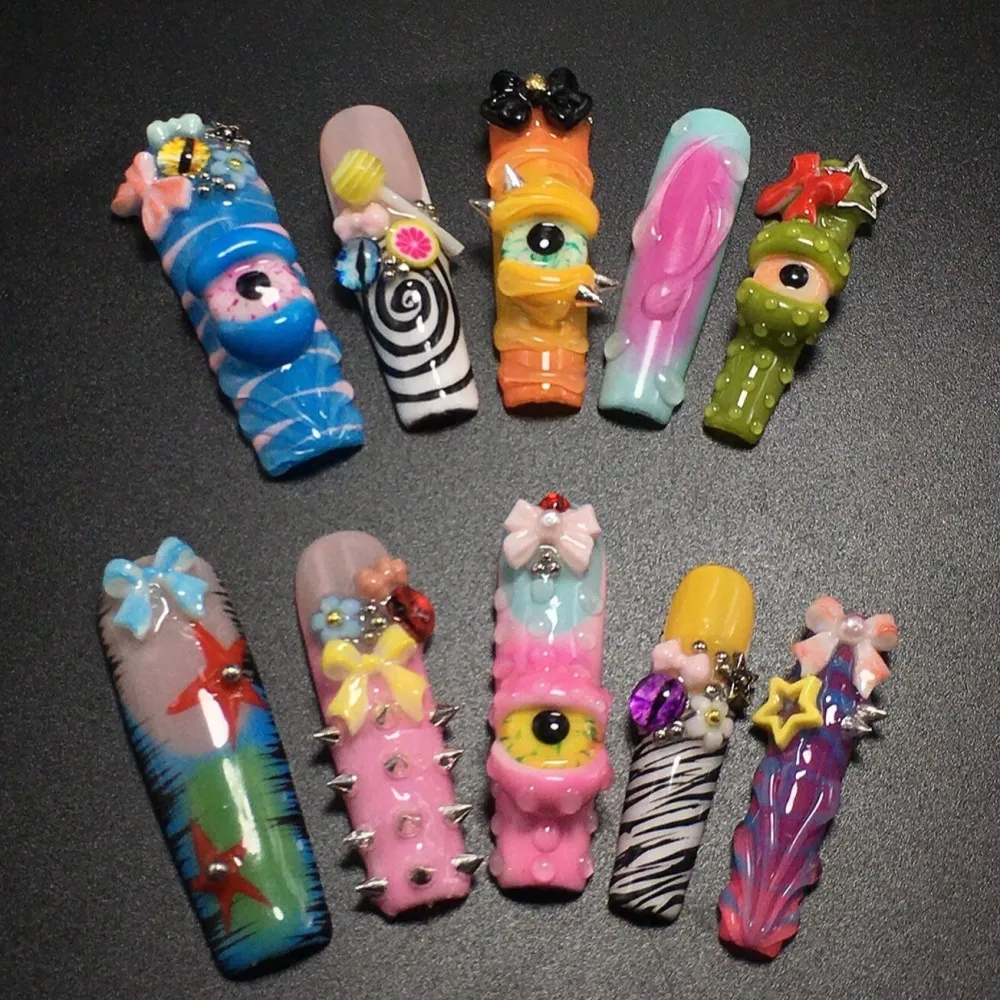 Nailhour 10Pcs Handmade Extra Long Square 3D Bow Lollipop Star French Design Press On Nails