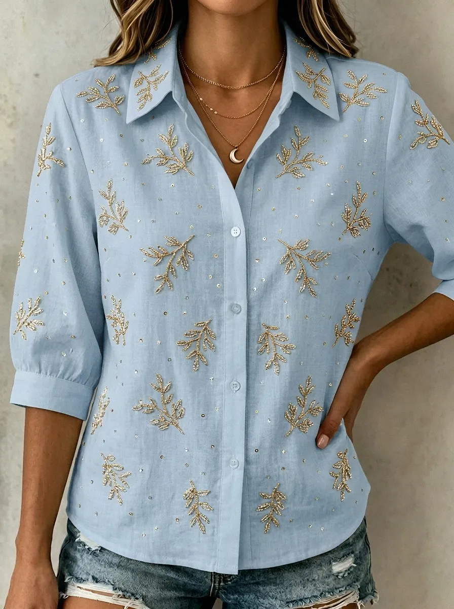 Women's Breast Cancer Awareness Gold Leaf Sequin Embroidered Button-Down Shirt